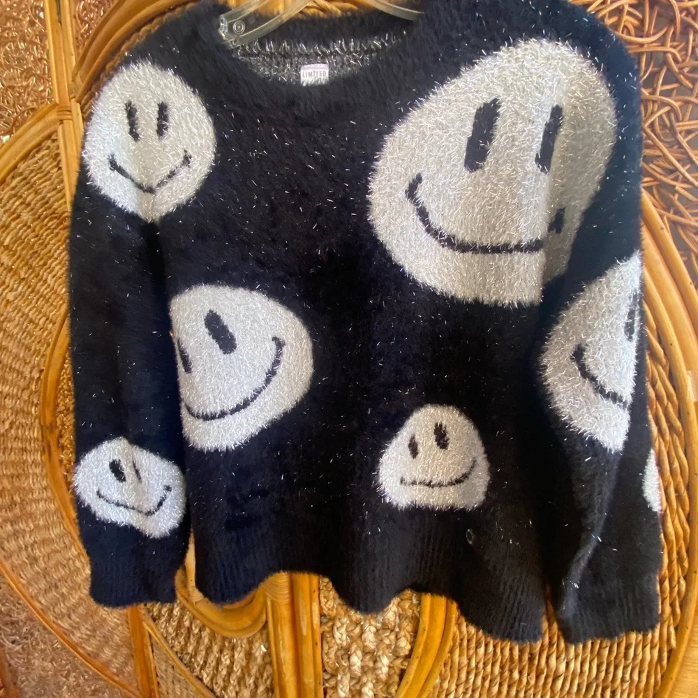 Limited Too Girls Black and White Smiley Face Sweater with Silver Threads